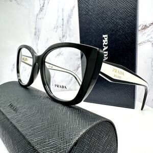 New PRADA Eyeglasses Cat Eye Black White Gold 53-17-140 Womens